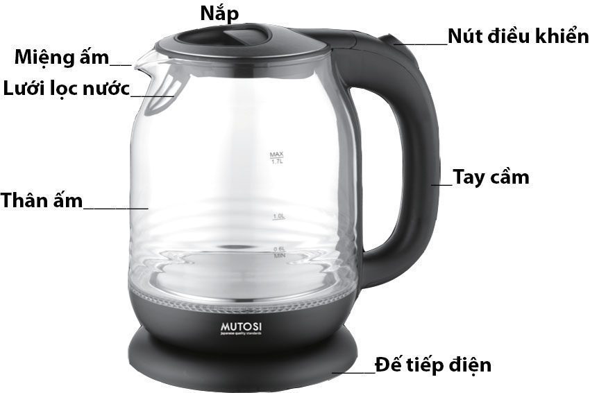 Ấm đun nước siêu tốc Mutosi MK-16 - Hàng chính hãng
