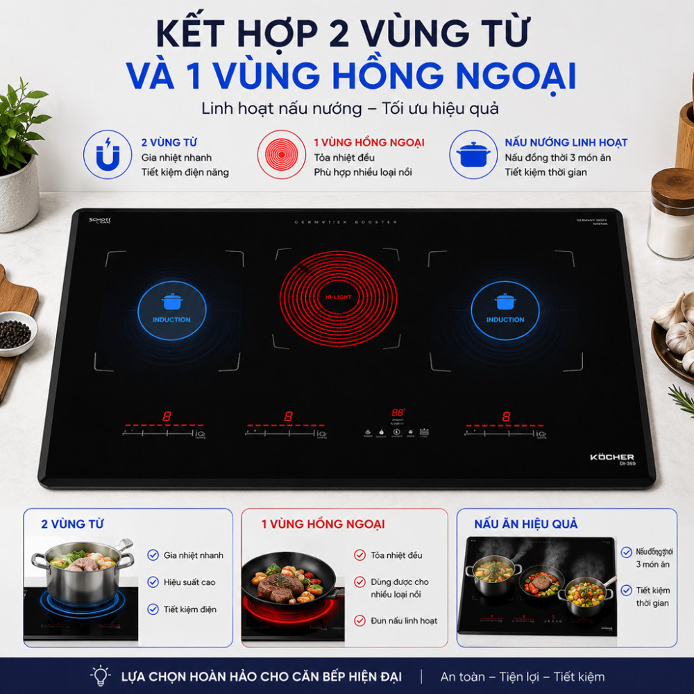 Bếp 3 hồng ngoại điện từ Kocher EI-355 - Hàng chính hãng