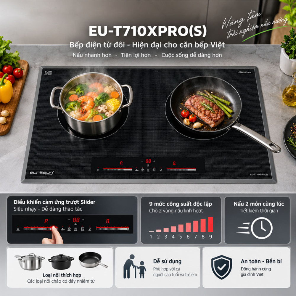 Bếp điện từ đôi Eurosun EU-T710XPRO(S) - Hàng chính hãng