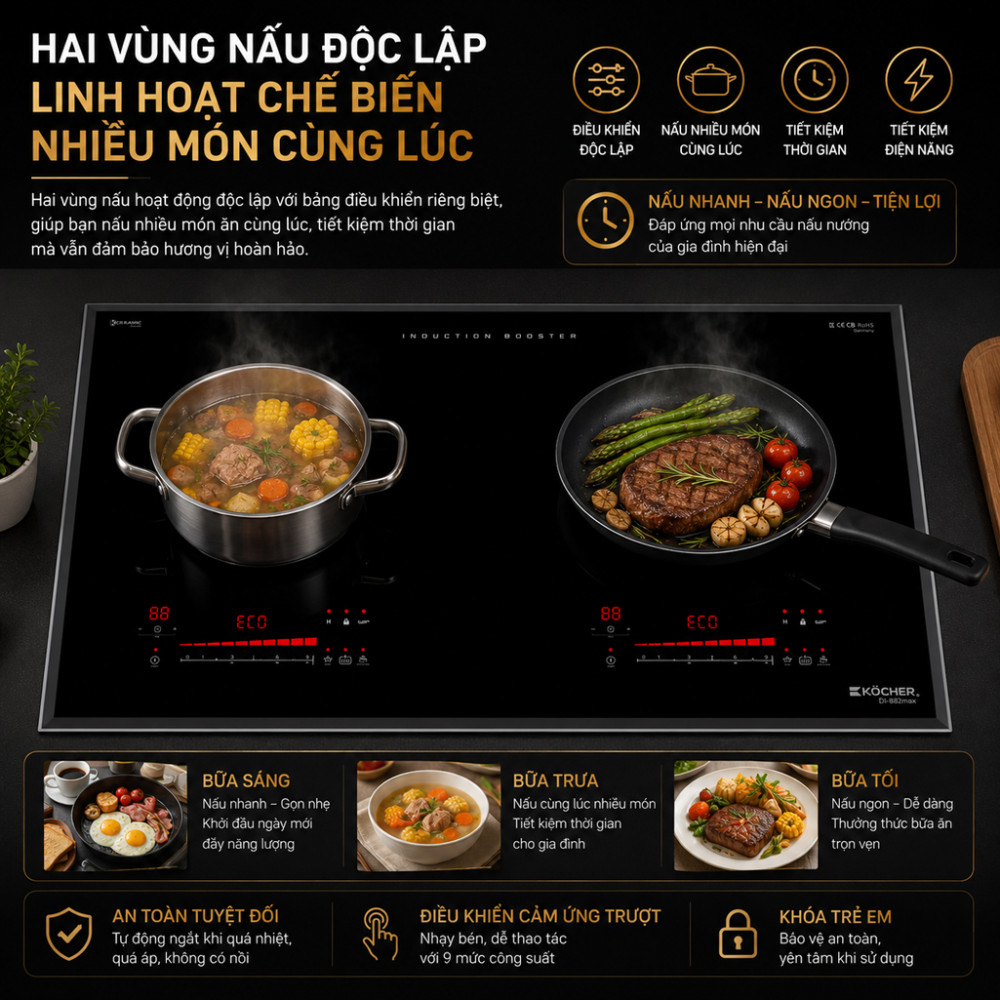 Bếp điện từ đôi Kocher DI-882 MAX - Hàng chính hãng