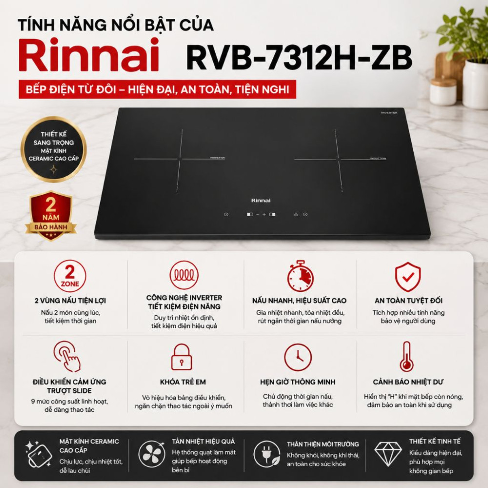 Bếp điện từ đôi Rinnai RVB-7312H-ZB - Hàng chính hãng