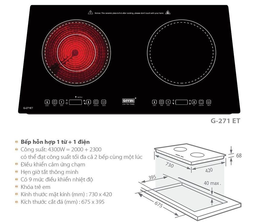 Bếp đôi điện từ hồng ngoại Giovani G-271ET - Hàng chính hãng