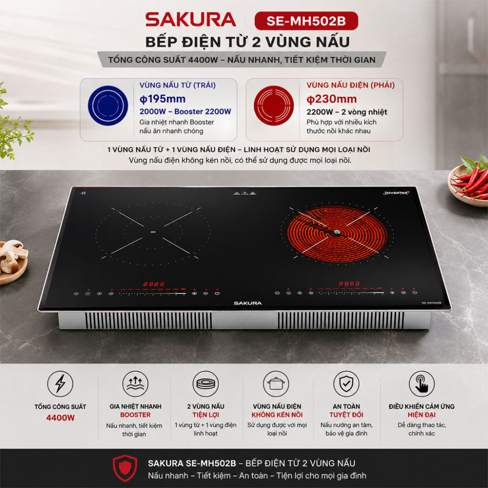 Bếp đôi điện từ hồng ngoại Sakura SE-MH502B - Hàng chính hãng
