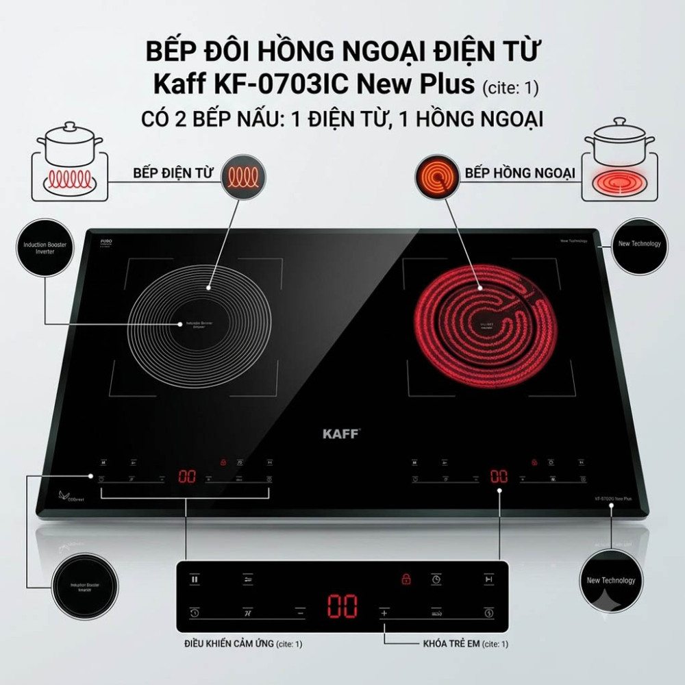 Bếp đôi hồng ngoại điện từ Kaff KF-0703IC New Plus  - Hàng chính hãng