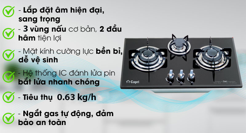 Bếp gas âm kính 3 lò Capri CR-308KT - Hàng chính hãng