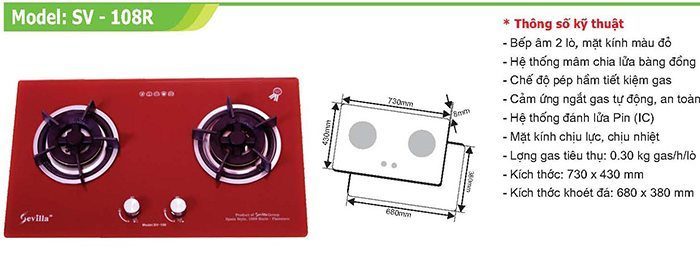 Bếp gas âm Sevilla SV-108 Red - Hàng chính hãng