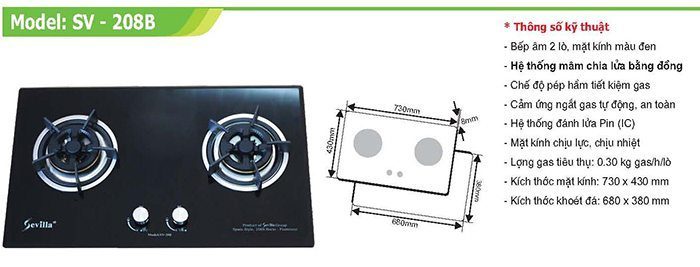 Bếp gas âm Sevilla SV-208 Black - Hàng chính hãng