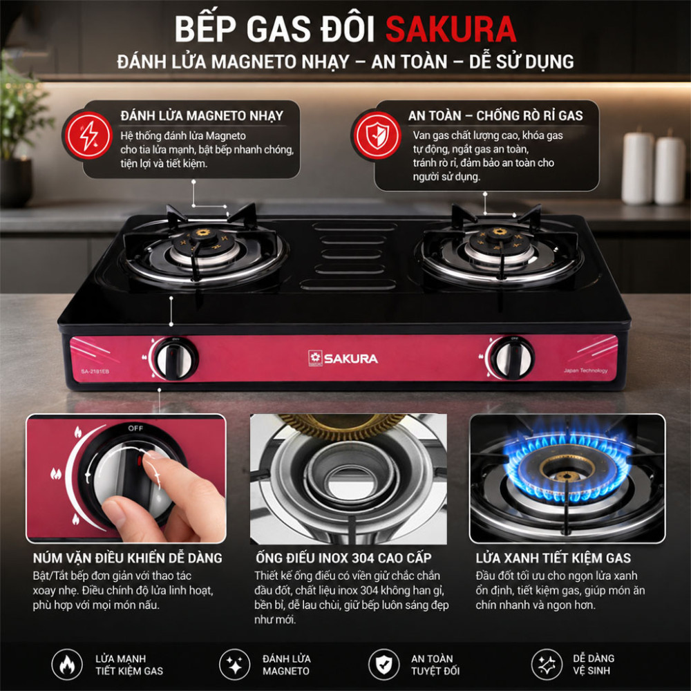Bếp gas đôi Sakura SA-2181EB - Hàng chính hãng