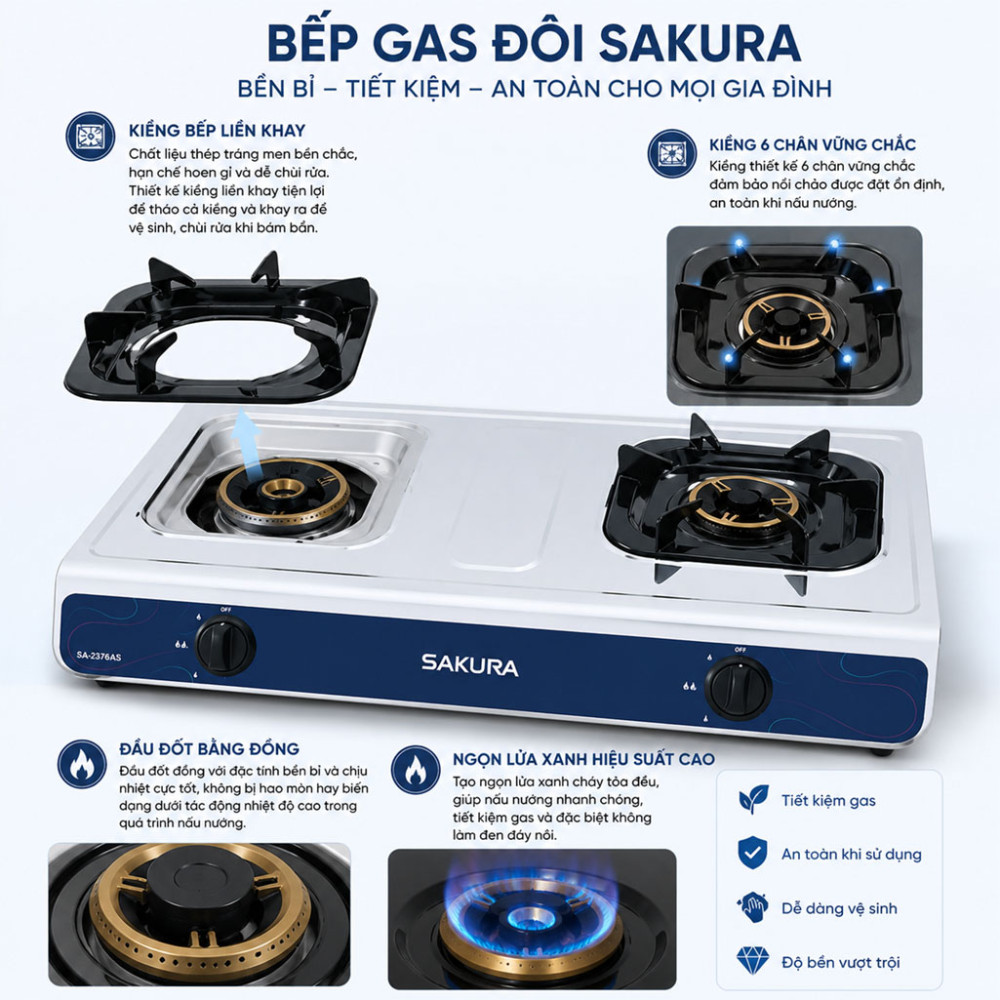 Bếp gas đôi Sakura SA-2376AS - Hàng chính hãng