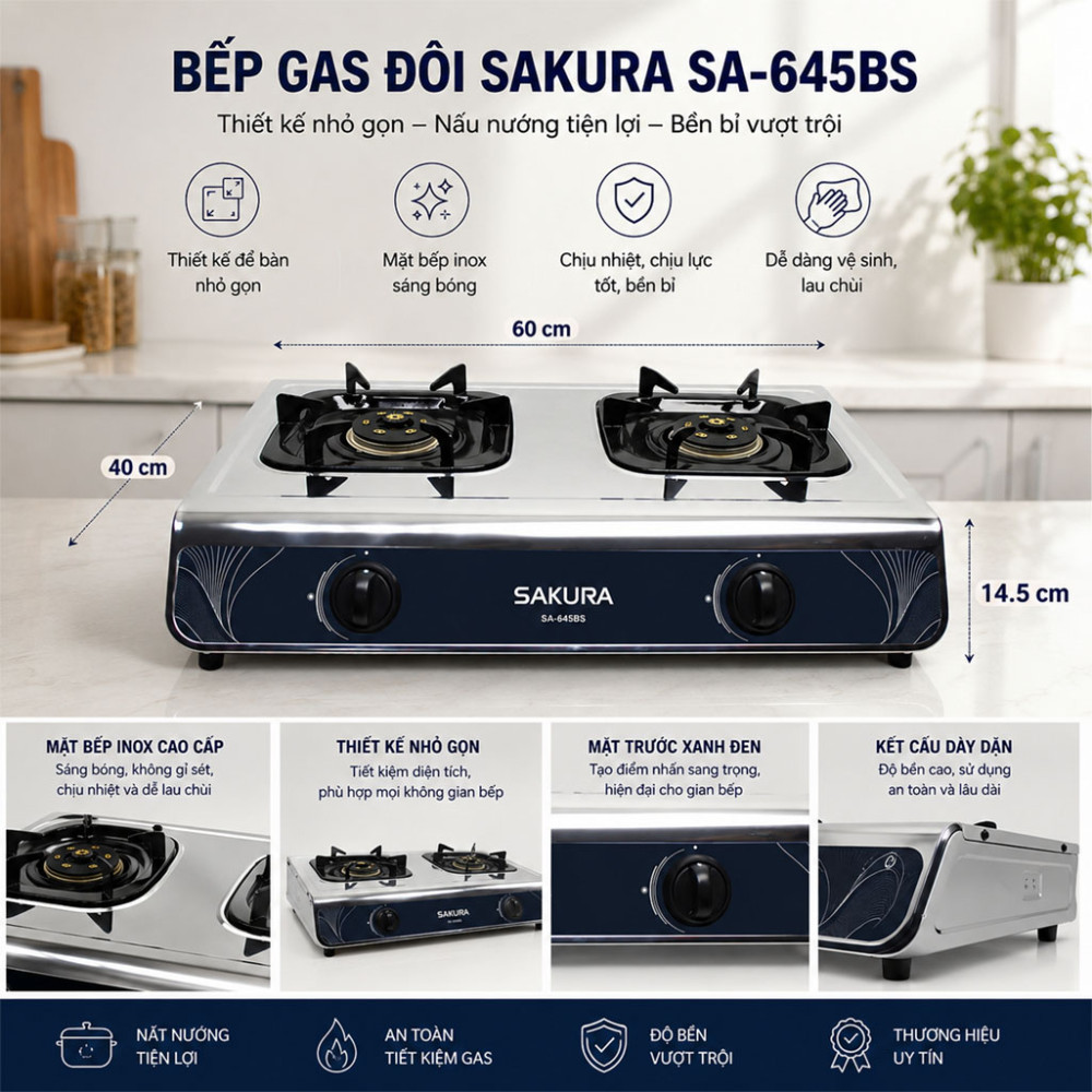 Bếp gas đôi Sakura SA-645BS - Hàng chính hãng