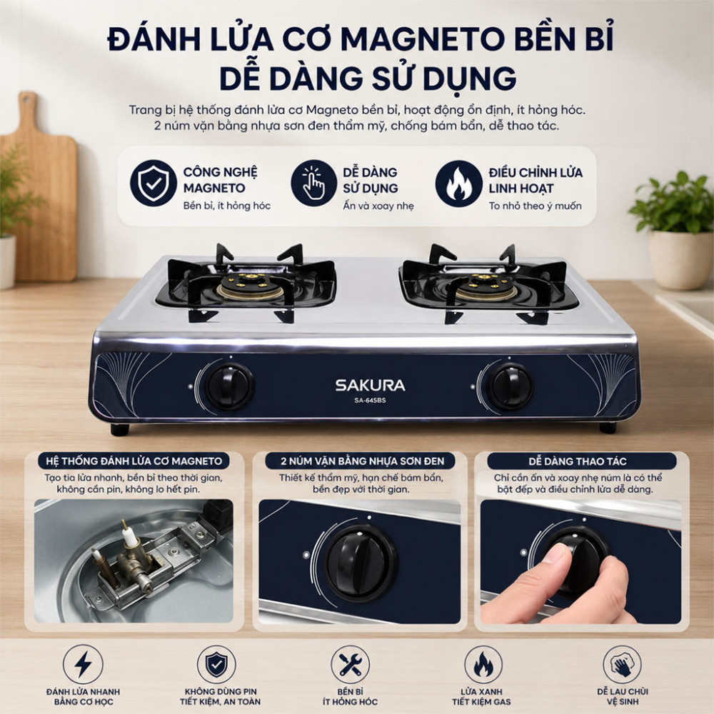 Bếp gas đôi Sakura SA-645BS - Hàng chính hãng