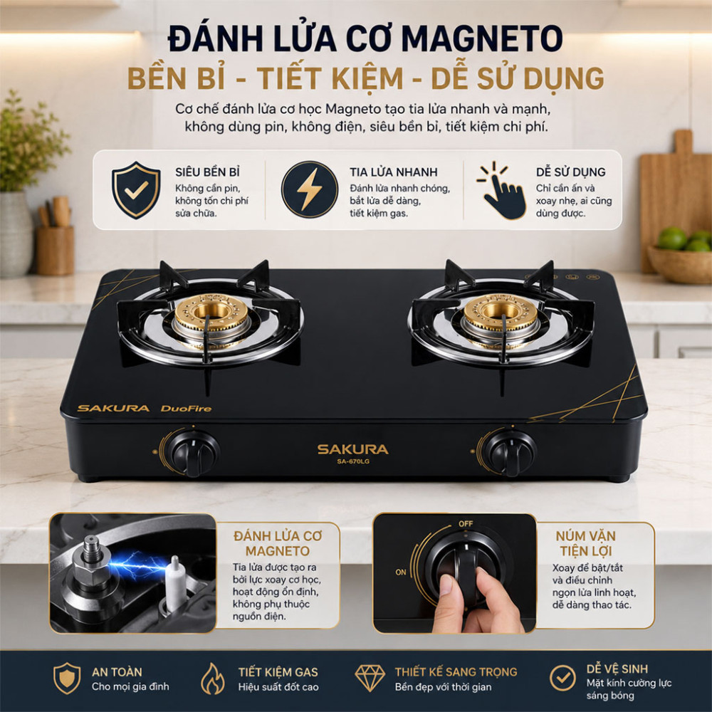 Bếp gas đôi Sakura SA-670LG - Hàng chính hãng