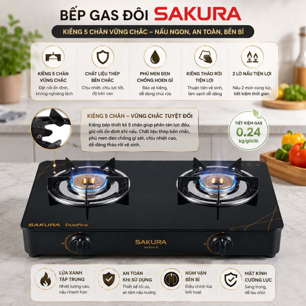 Bếp gas đôi Sakura SA-670LG - Hàng chính hãng