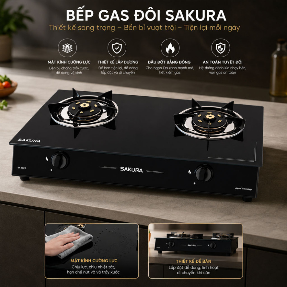 Bếp gas đôi Sakura SA-718PG - Hàng chính hãng