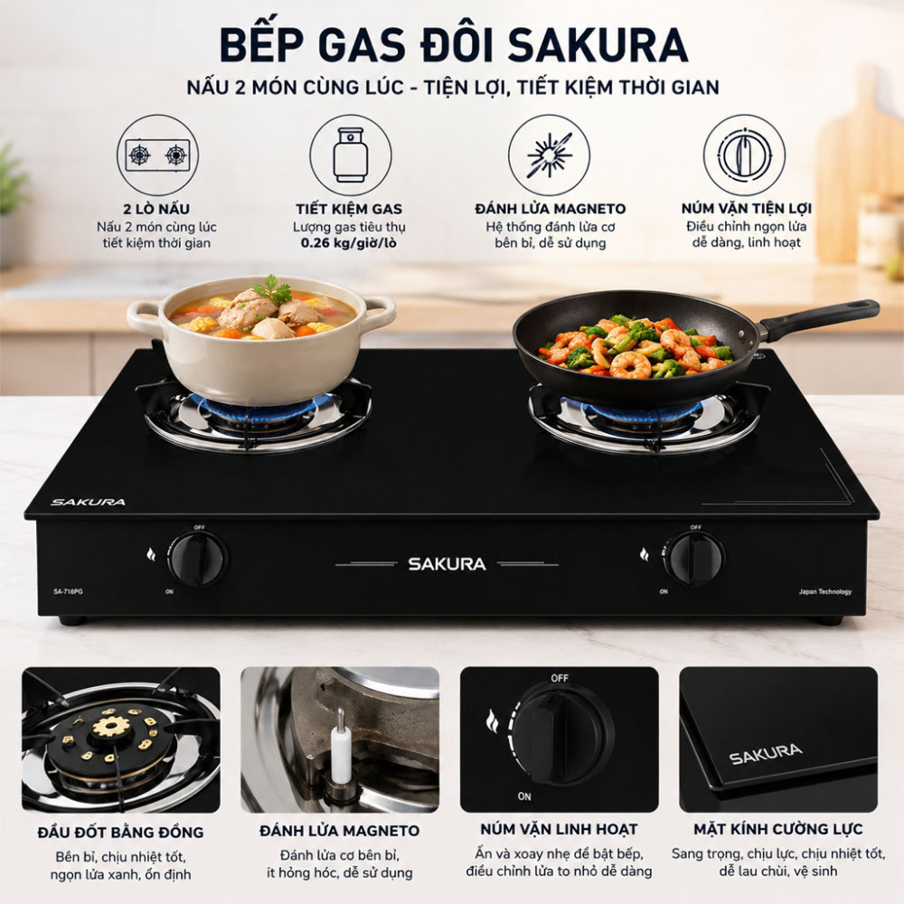 Bếp gas đôi Sakura SA-718PG - Hàng chính hãng