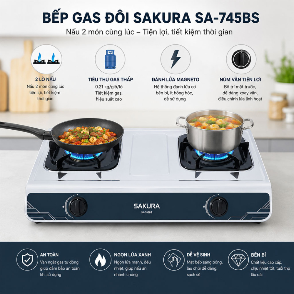 Bếp gas đôi Sakura SA-745BS - Hàng chính hãng