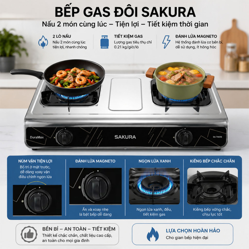 Bếp gas đôi Sakura SA-746DS - Hàng chính hãng