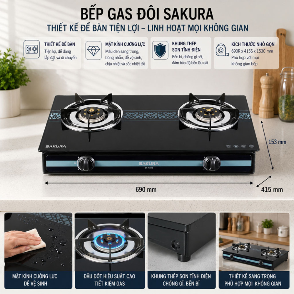 Bếp gas đôi Sakura SA-750BG - Hàng chính hãng
