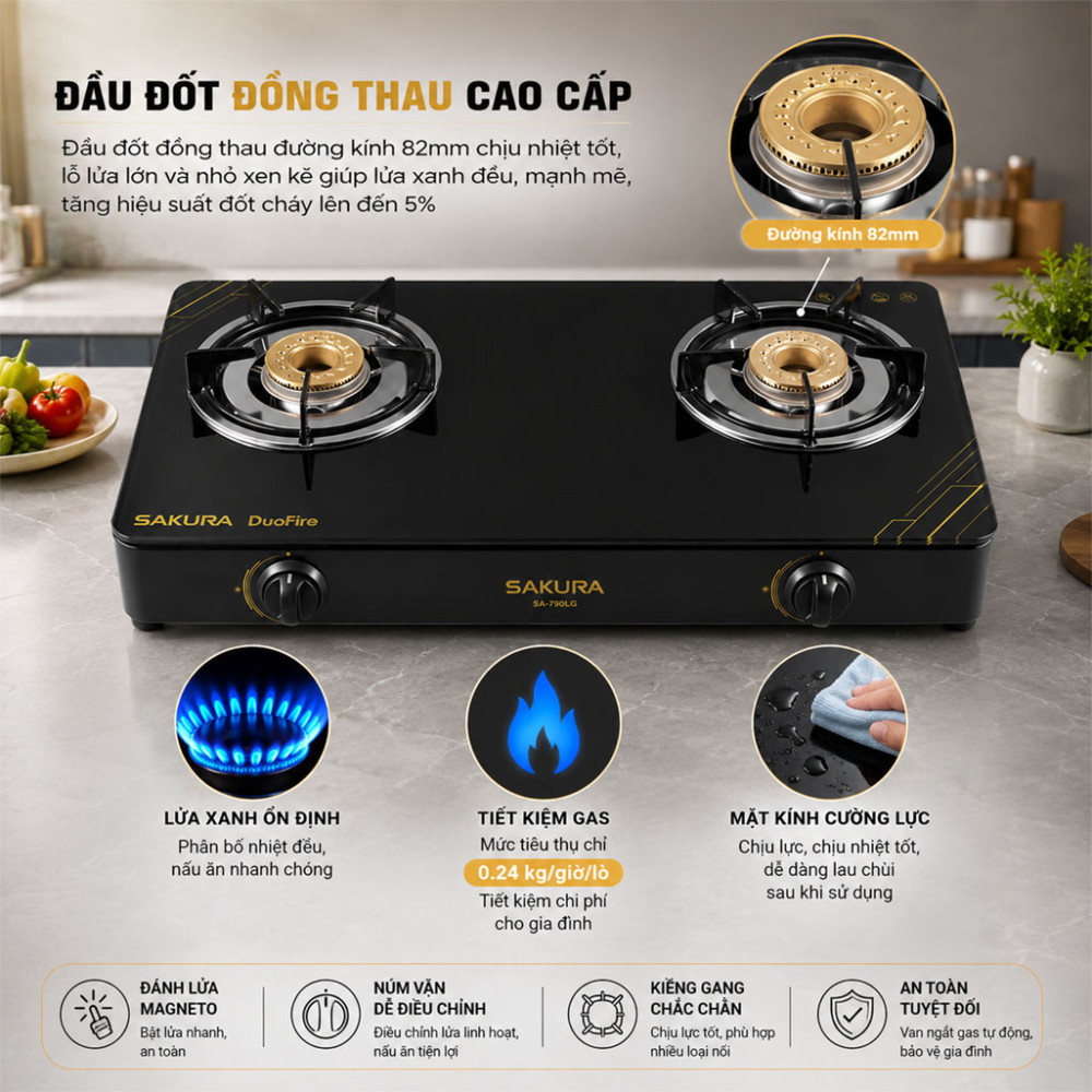 Bếp gas đôi Sakura SA-790LG - Hàng chính hãng