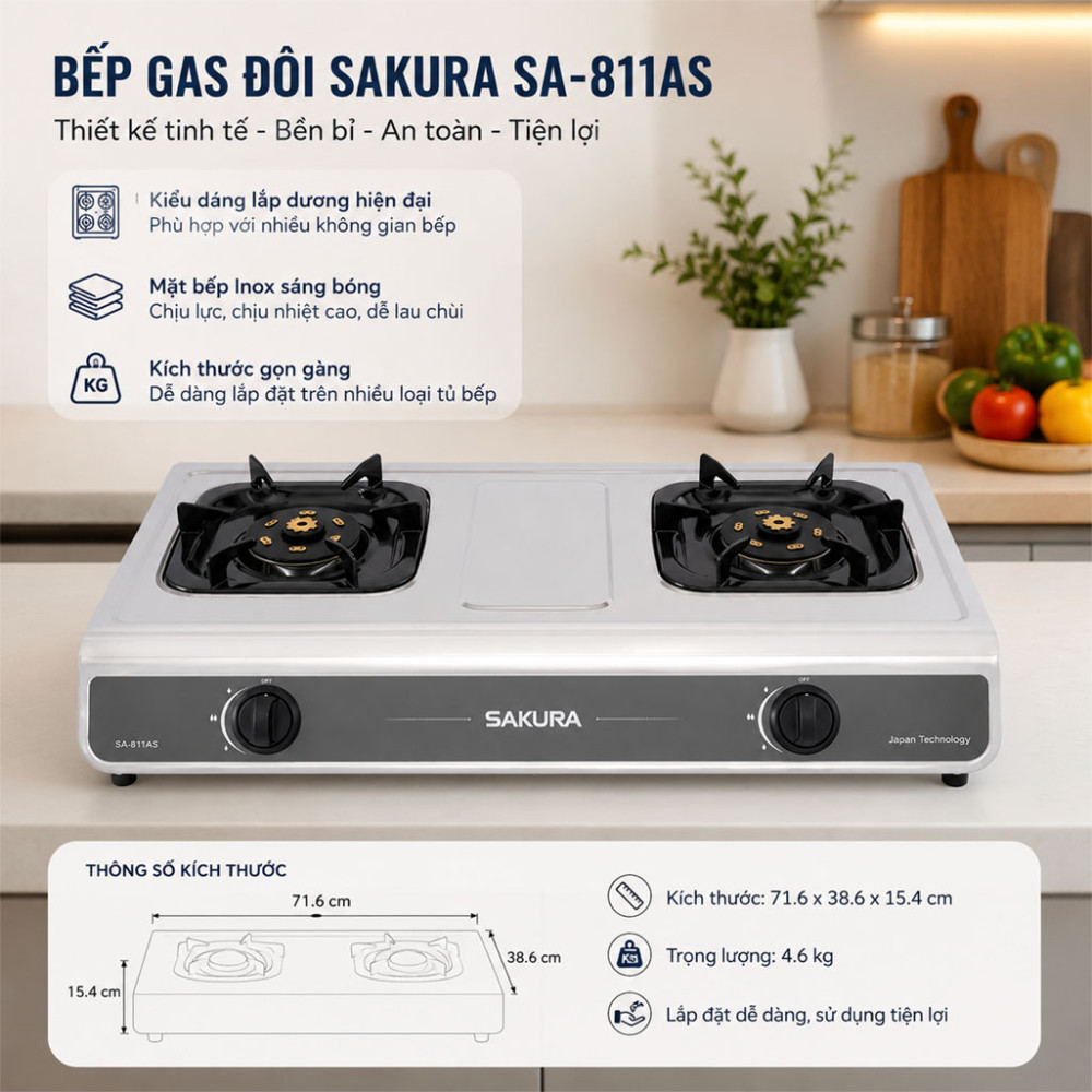 Bếp gas đôi Sakura SA-811AS - Hàng chính hãng