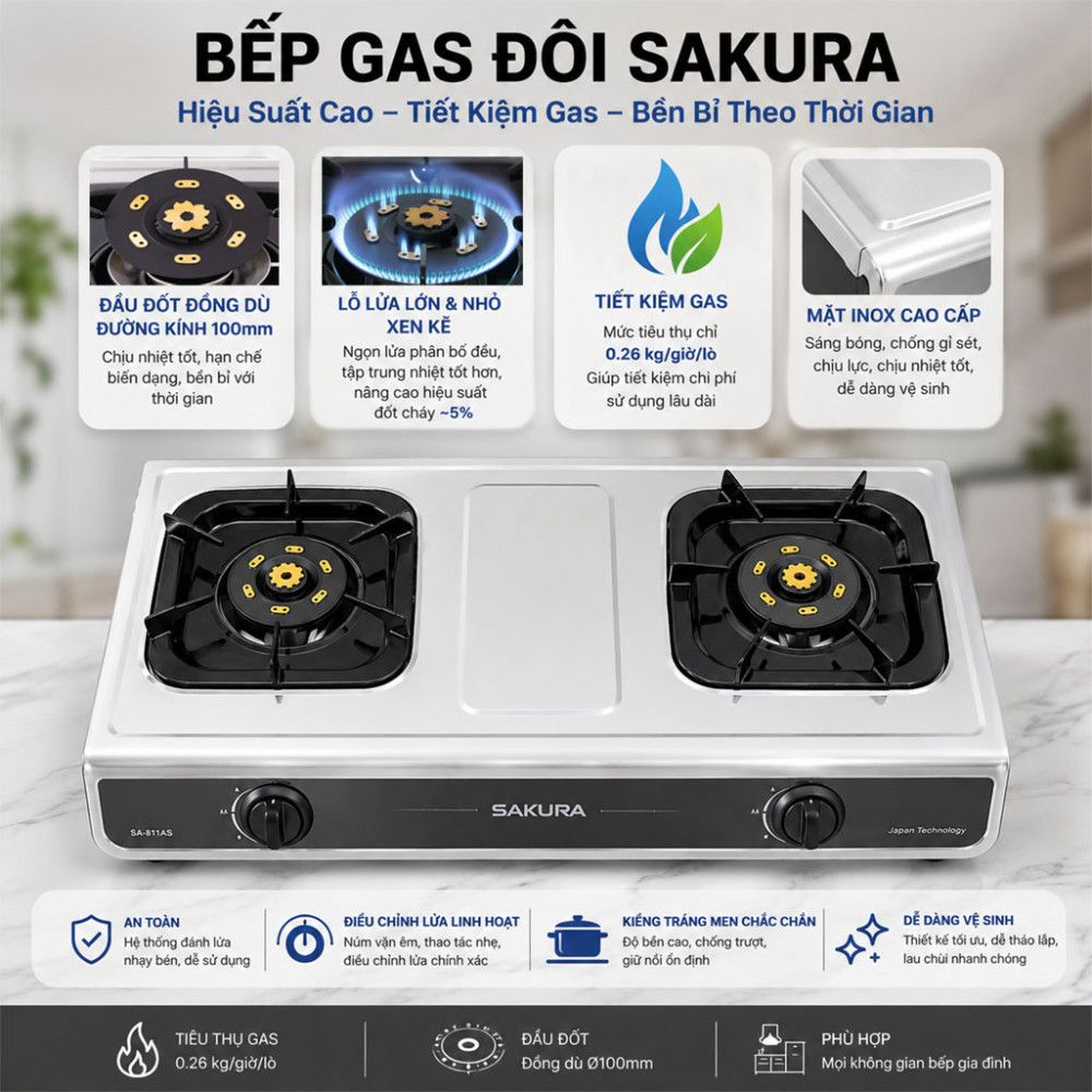 Bếp gas đôi Sakura SA-811AS - Hàng chính hãng