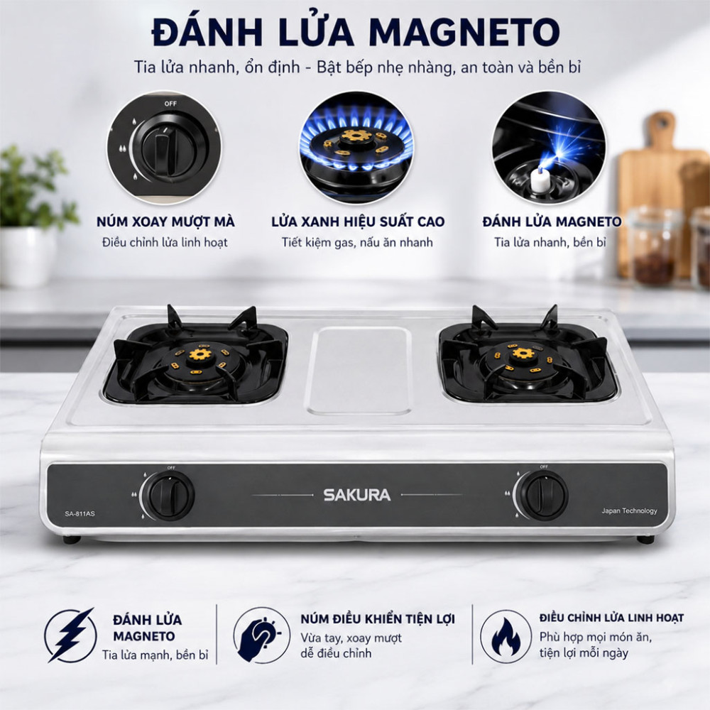 Bếp gas đôi Sakura SA-811AS - Hàng chính hãng
