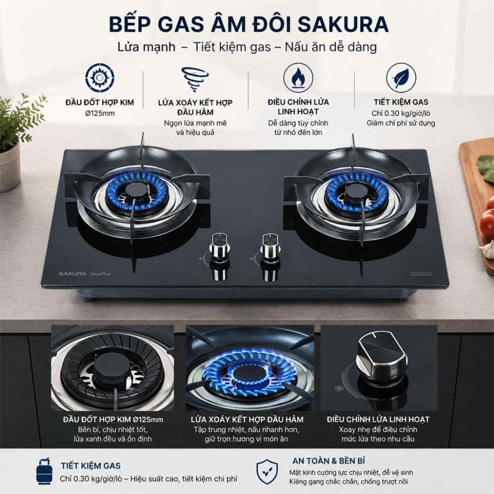 Bếp gas đôi âm Sakura SG-2526GB - Hàng chính hãng