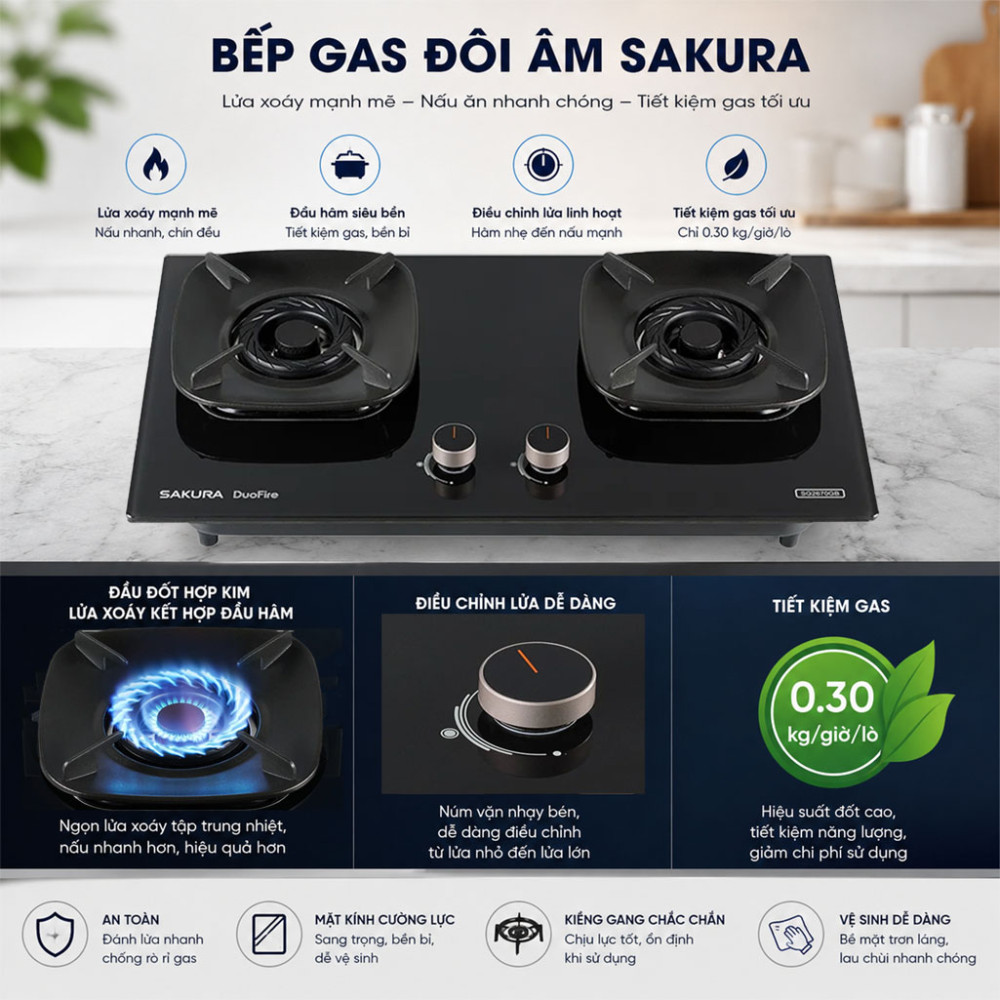 Bếp gas đôi âm Sakura SG2670GB - Hàng chính hãng