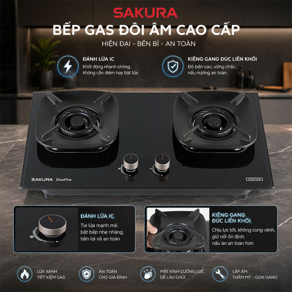 Bếp gas đôi âm Sakura SG2670GB - Hàng chính hãng