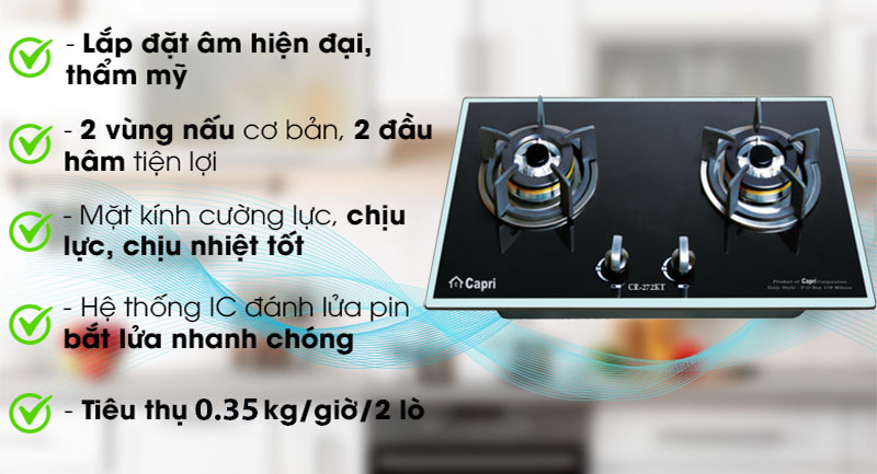 Bếp gas đôi âm kính Capri CR-272KT - Hàng chính hãng
