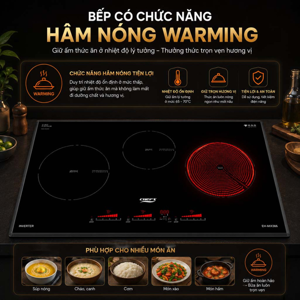 Bếp hồng ngoại điện từ 3 vùng nấu Chefs EH-MIX536 - Hàng chính hãng