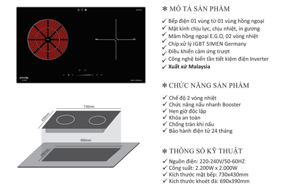 Bếp hồng ngoại điện từ Civin CV-657 - Hàng chính hãng