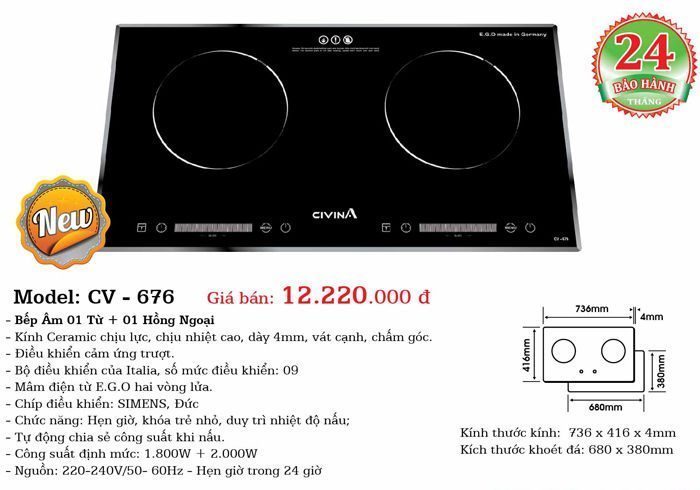 Bếp đôi điện từ hồng ngoại Civin CV-676 - Hàng chính hãng