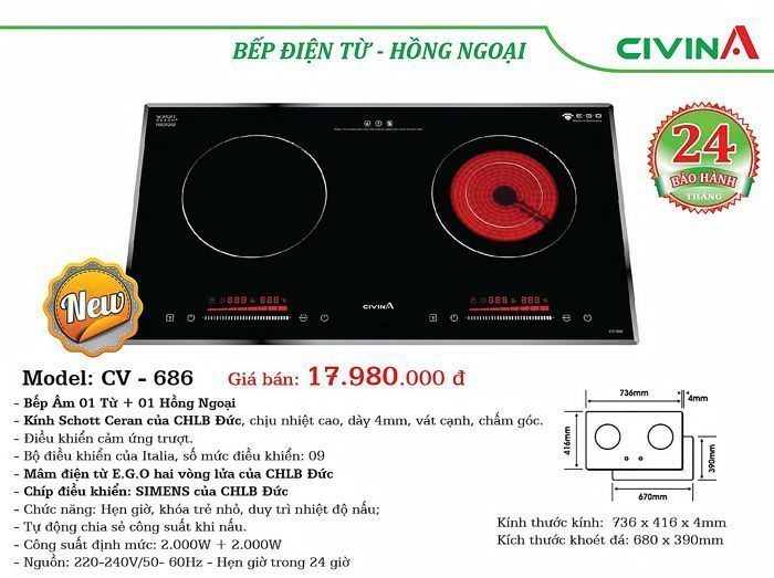 Bếp đôi điện từ hồng ngoại Civin CV-686 - Hàng chính hãng