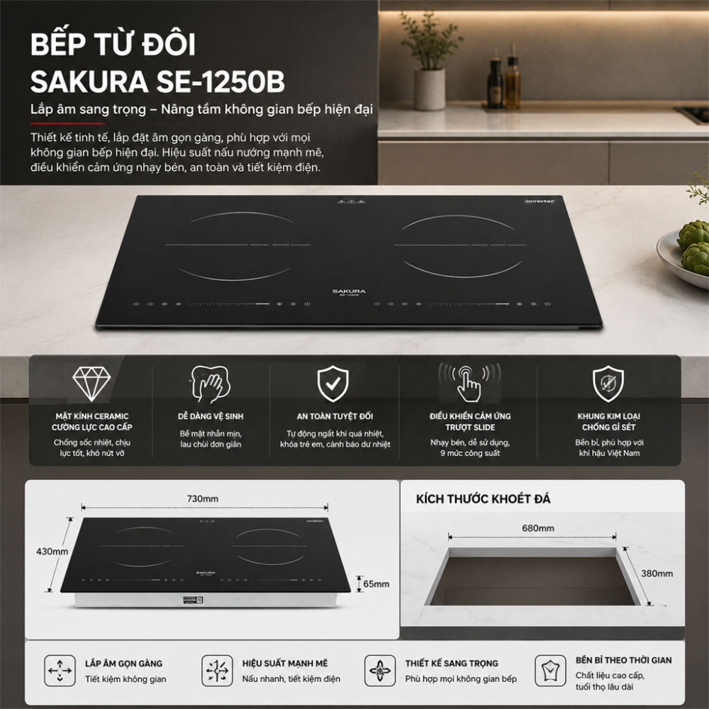 Bếp từ đôi Sakura SE-1250B - Hàng chính hãng