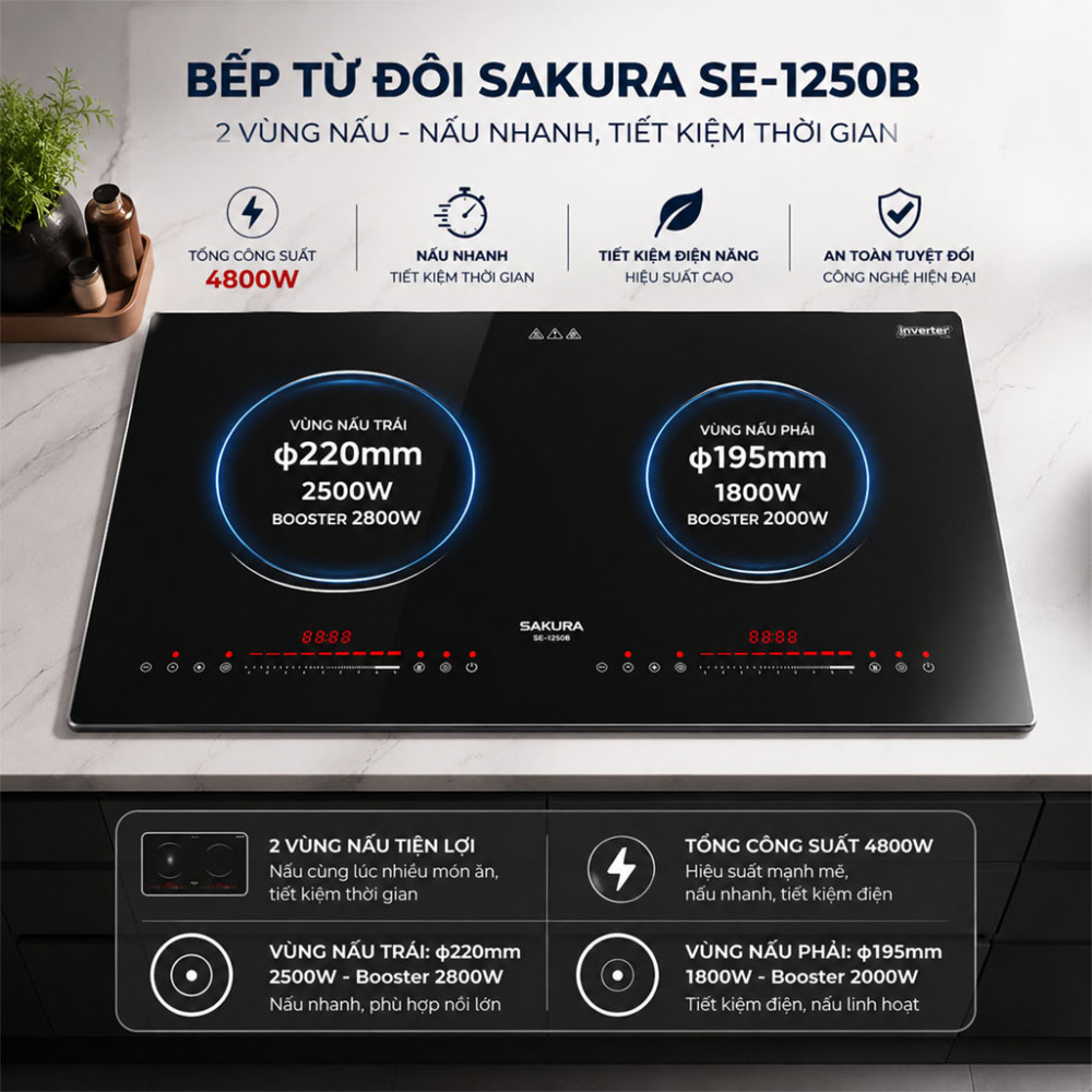 Bếp từ đôi Sakura SE-1250B - Hàng chính hãng