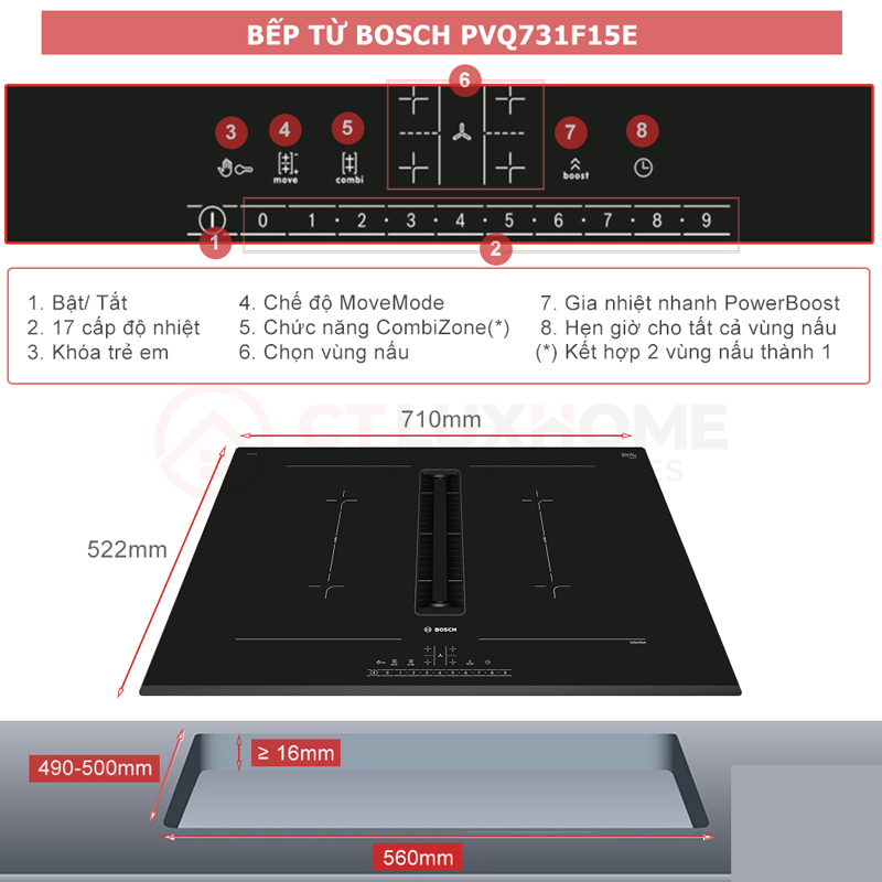 Bếp từ kết hợp hút mùi Bosch HMH.PVQ731F15E - Hàng chính hãng