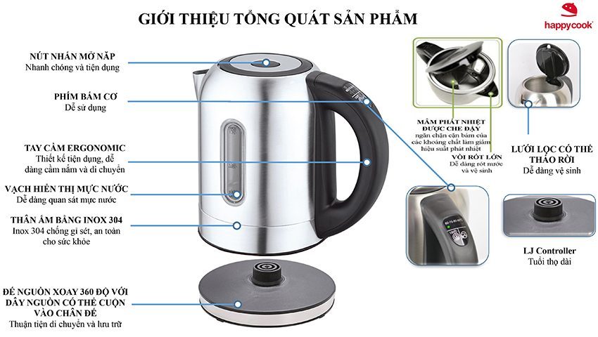 Bình đun siêu tốc inox điện tử Happy Cook HEK-171SD - Hàng chính hãng