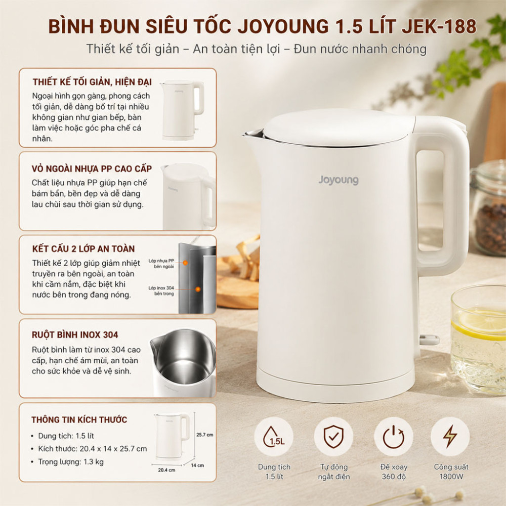 Bình đun siêu tốc Joyoung 1.5 lít JEK-188 - Hàng chính hãng