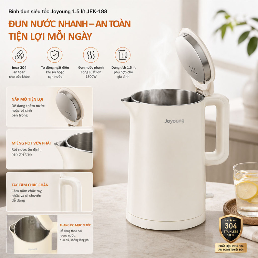 Bình đun siêu tốc Joyoung 1.5 lít JEK-188 - Hàng chính hãng