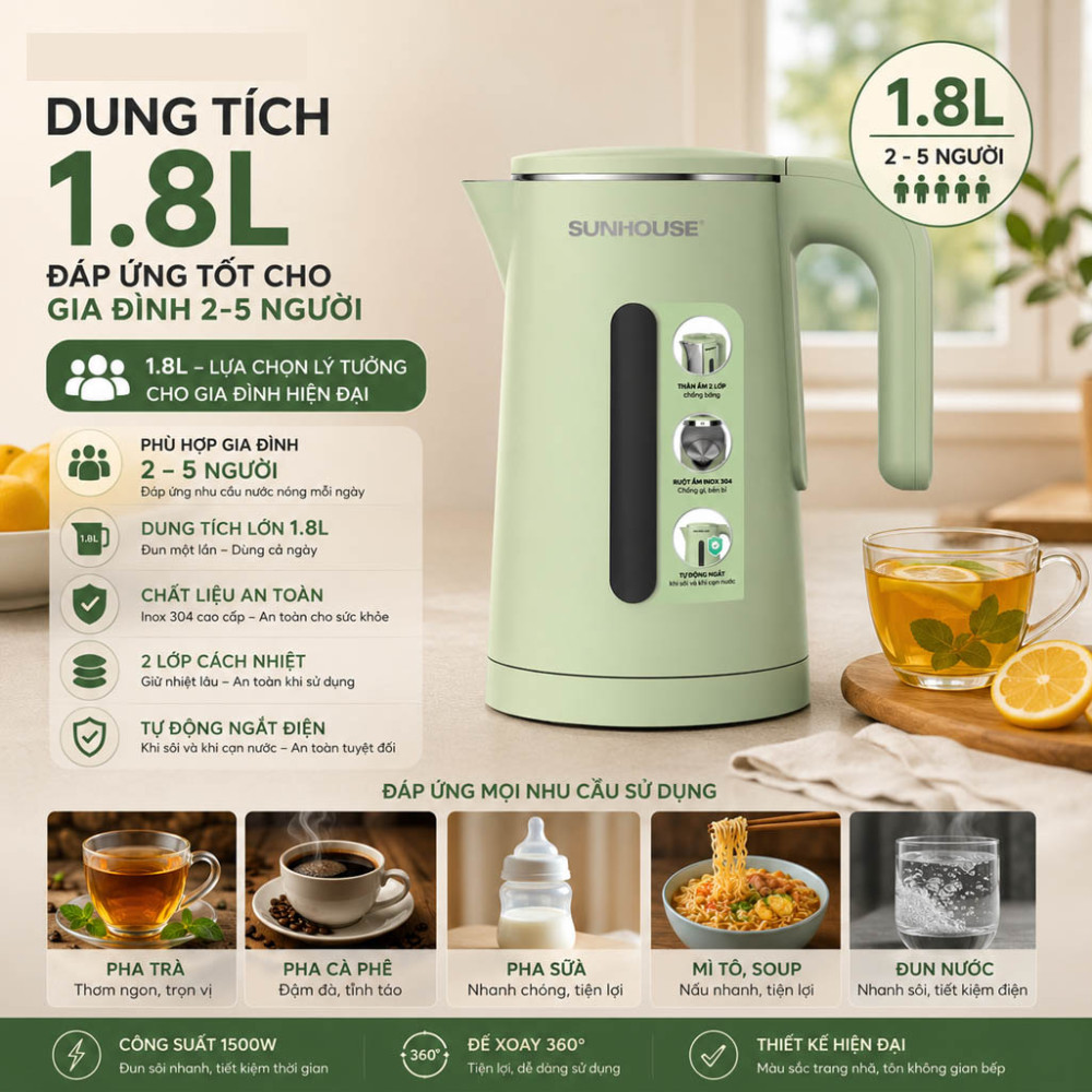 Bình đun siêu tốc Sunhouse 1.8 lít SHD1353 - Hàng chính hãng