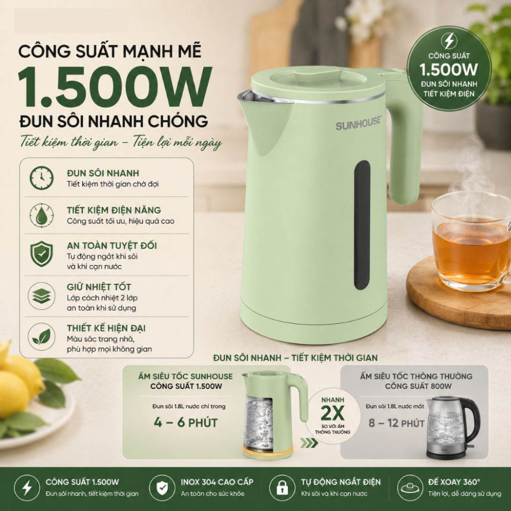 Bình đun siêu tốc Sunhouse 1.8 lít SHD1353 - Hàng chính hãng