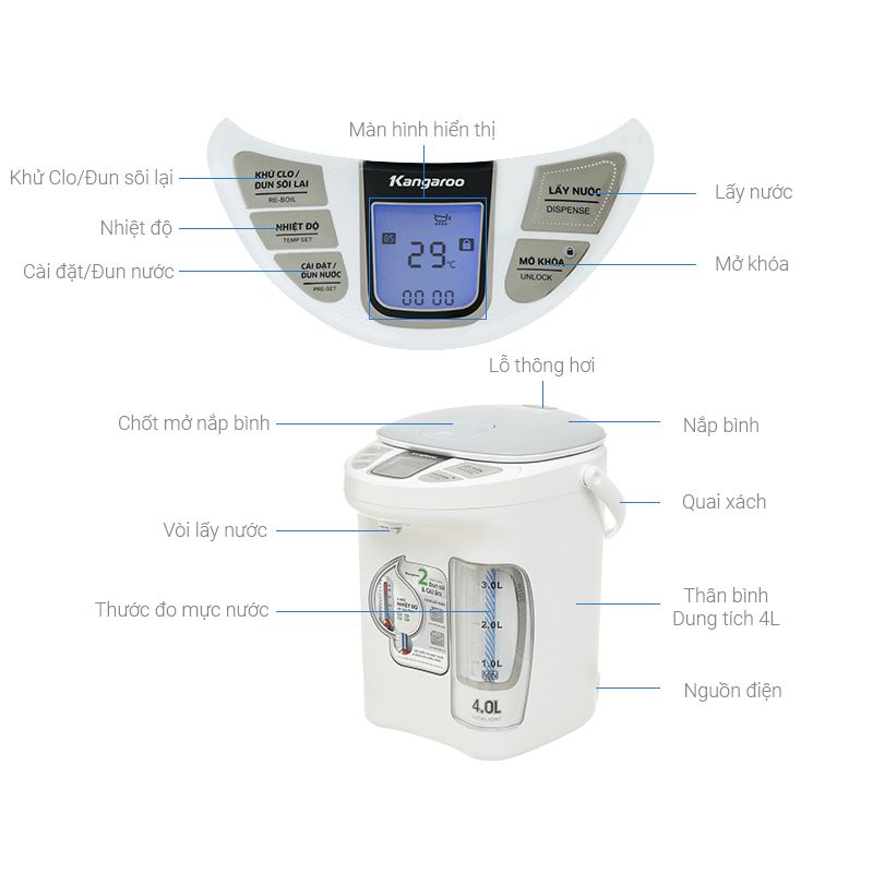 Bình thủy điện Kangaroo KG4K1 (4 lít) - Hàng chính hãng