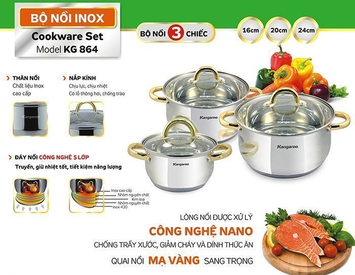 Bộ 3 nồi inox cao cấp 5 lớp Kangaroo KG864 - Hàng chính hãng