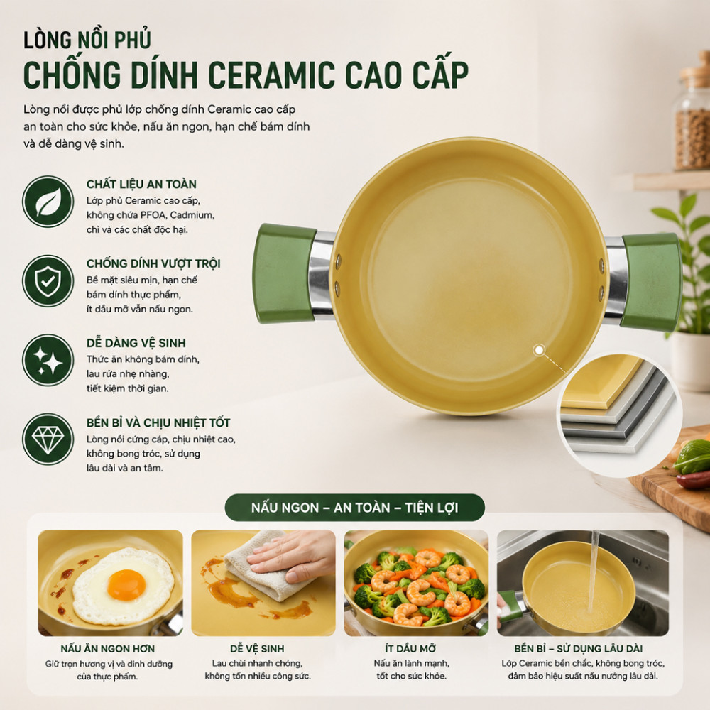 Bộ nồi chống dính Ceramic Elmich Olive Classic EL5229OV03 - Hàng chính hãng