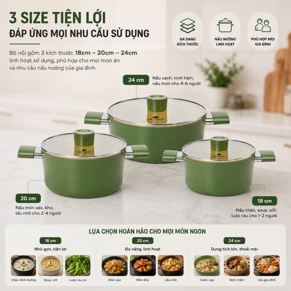 Bộ nồi chống dính Ceramic Elmich Olive Classic EL5229OV03 - Hàng chính hãng