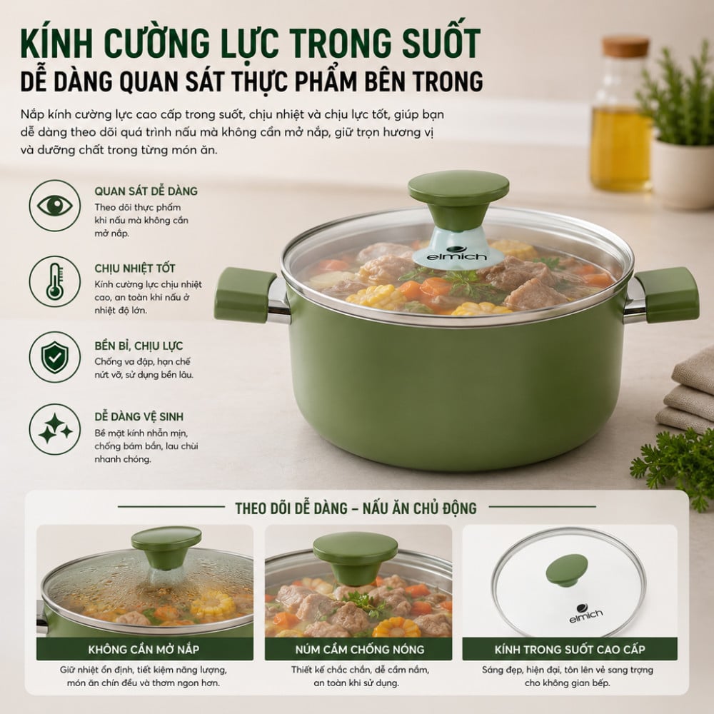 Bộ nồi chống dính Ceramic Elmich Olive Classic EL5229OV03 - Hàng chính hãng