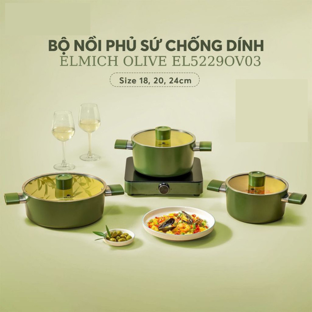 Bộ nồi chống dính Ceramic Elmich Olive Classic EL5229OV03 - Hàng chính hãng