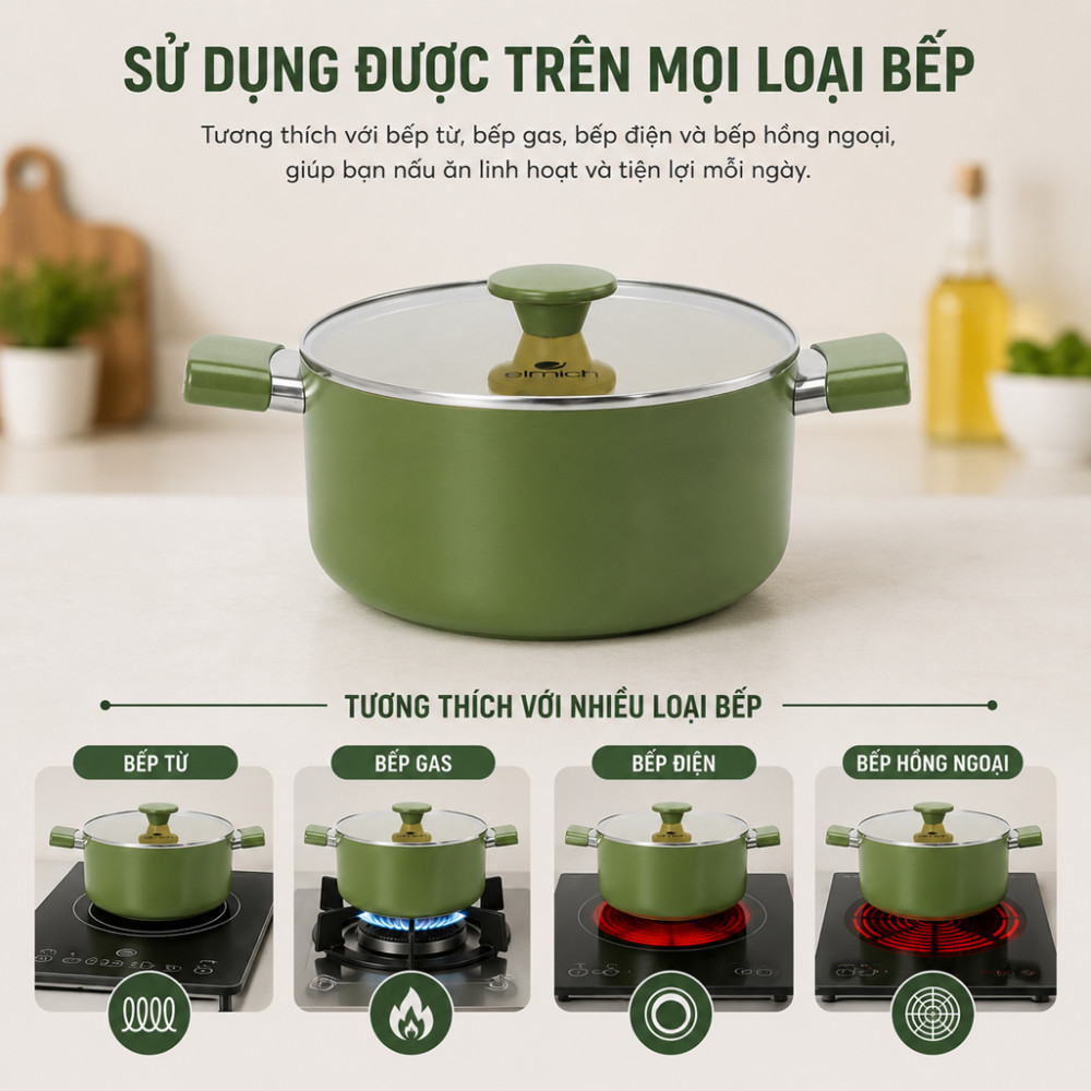 Bộ nồi chống dính Ceramic Elmich Olive Classic EL5229OV03 - Hàng chính hãng