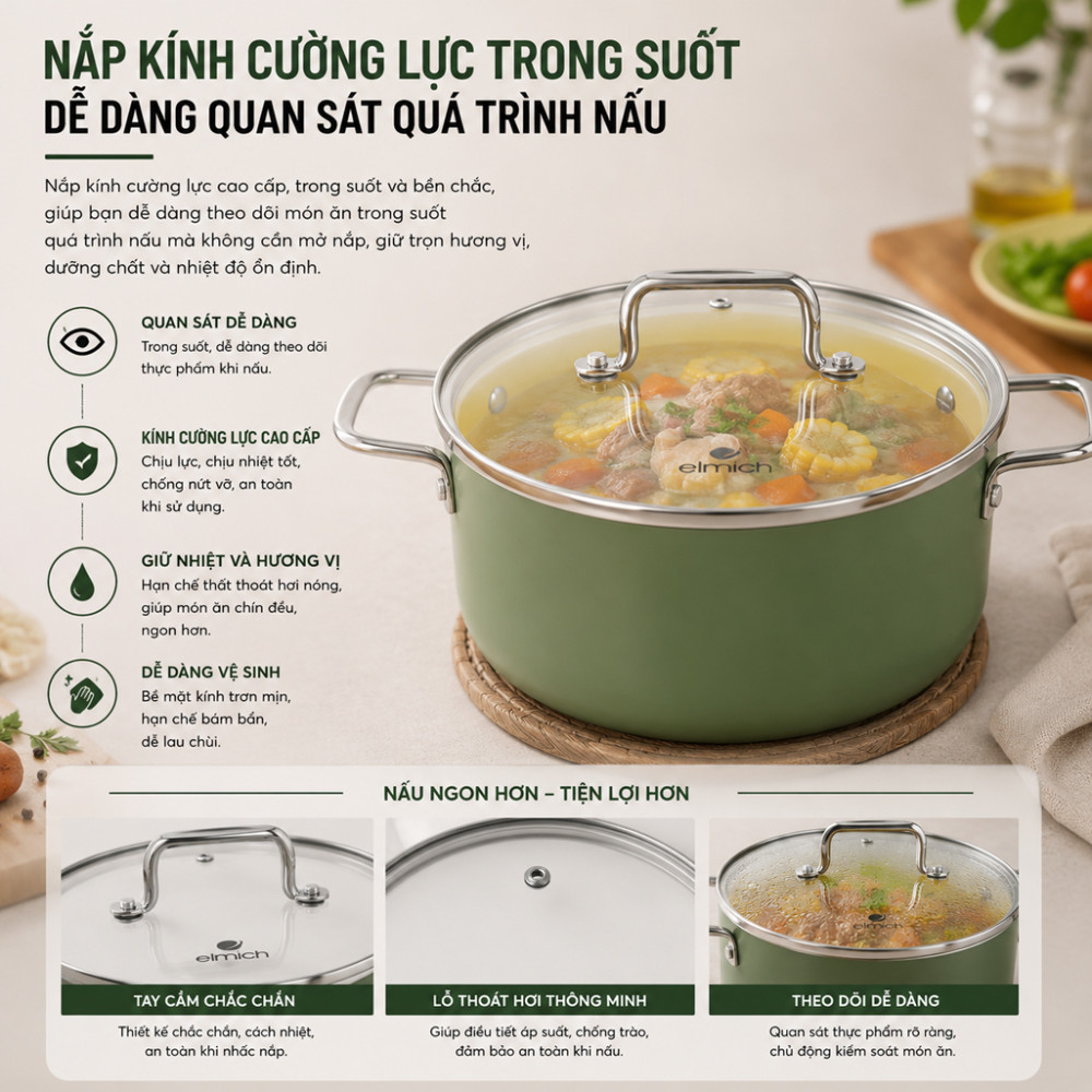 Bộ nồi phủ sứ chống dính Elmich Olive Classic EL-5231OV01 - Hàng chính hãng